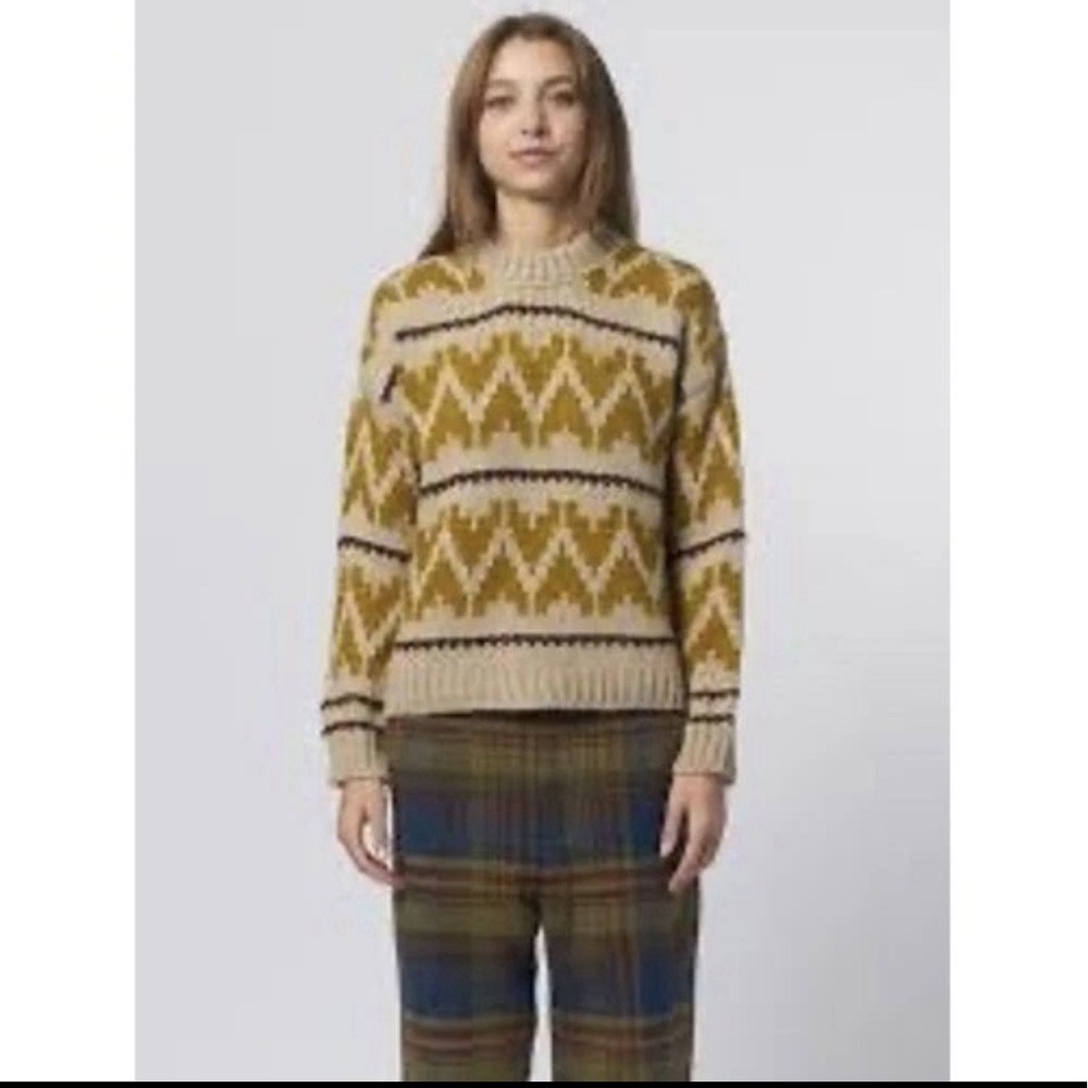 The Great. Sweater 3/L The Folk Pullover Earth Tan Yellow Wool Alpaca Fair Isle